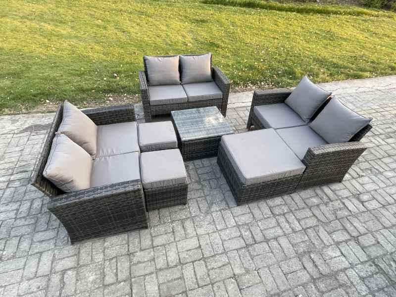 Fimous Outdoor Lounge Sofa Set Wicker PE Rattan Garden Furniture Set with Square Coffee Table Double Seat Sofa 3 Footstools Dark Grey Mixed