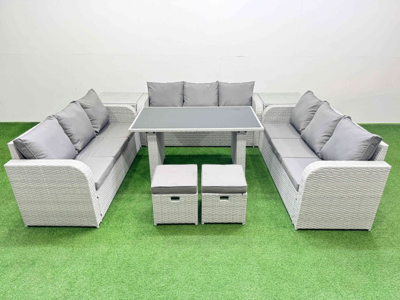 Fimous Patio Garden Furniture Sets with Black Glass Top Dining Table 3 Seater Sofa 2 Side Tables 2 Small Stool Light Grey