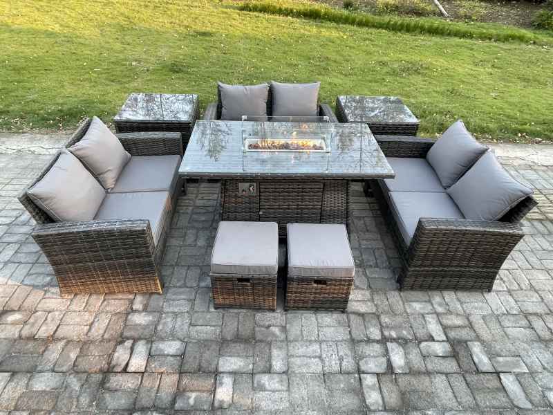 Fimous High Back Rattan Garden Furniture Sofa Sets with Outdoor Furniture Gas Firepit Dining Table Set 2 Small Footstool 2 Side Tables Dark Grey Mixed