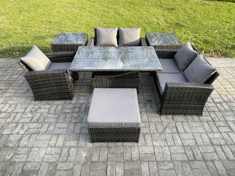 Fimous 7pcs Rattan Outdoor Garden Furniture Set Height Adjustable Rising Lifting Table Sofa Dining Set with 2 Side Tables Big Footstool Dark Grey Mixed
