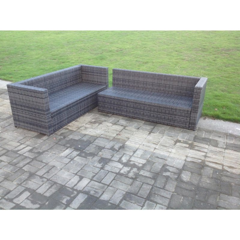 Fimous Dark Mixed Grey Outdoor Rattan Garden Furniture Sofa Set Rising Adjustable Dining Or Coffee Table 2 Chairs Patio Furniture Left Corner