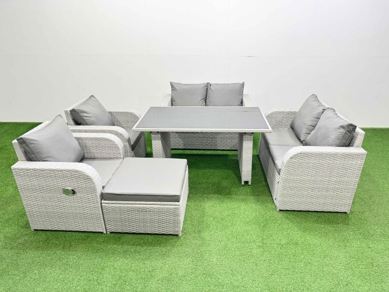 Fimous 6 Pieces Outdoor PE Rattan Sofa Reclining Chair Set Patio Garden Furniture Sets with Cushions Big Stool Light Grey