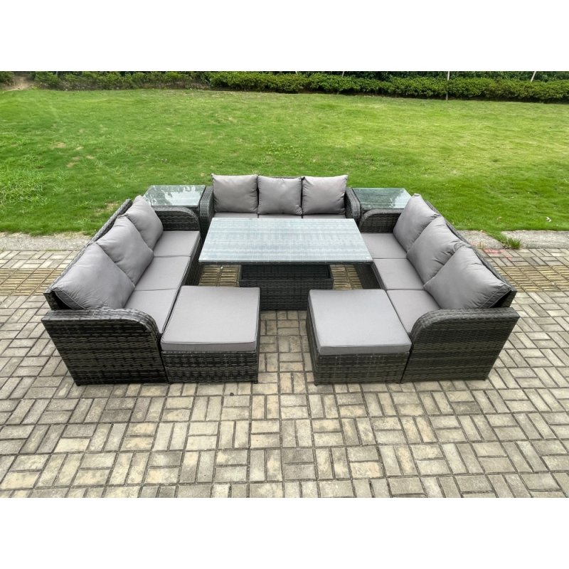 Fimous 11 Seater Garden Dining Sets Outdoor Rattan Furniture Lounge Sofa Height Adjustable Rising lifting Table With 2 Side Tables 2 Big Footstool Dark Grey Mixed