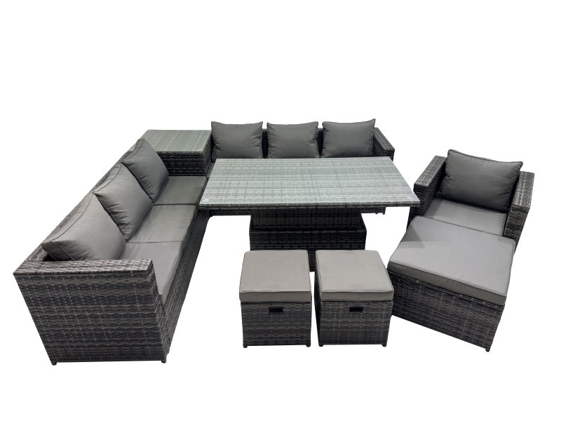 Fimous 10 Seater Outdoor Corner Sofa Height Adjustable Rising Lifting Table Set Garden Rattan Furniture Set with Side Table 3 Stool Dark Grey