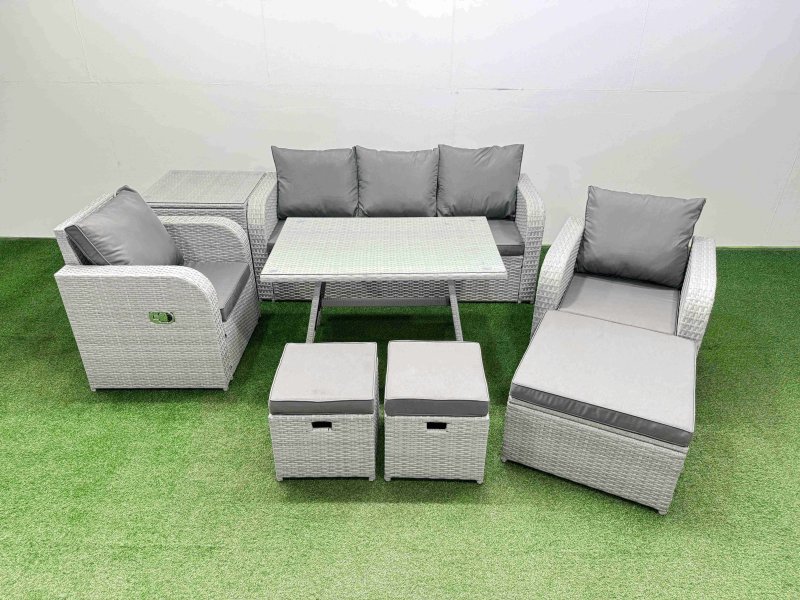 Fimous Reclining Chair 3 Seat Sofa Set Garden Furniture Set with Rectangular Dining Table Side Table 3 Footstools Light Grey