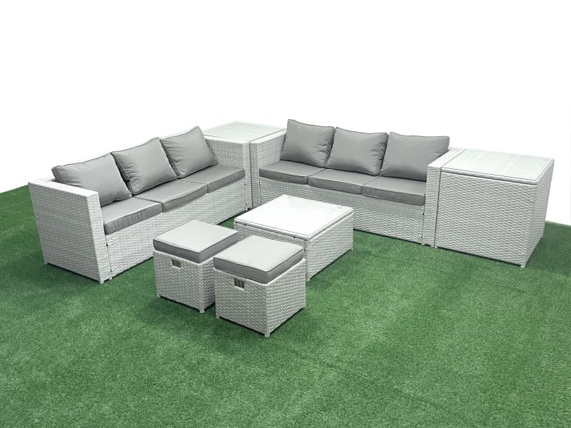 Fimous Rattan Garden Outdoor Furniture Set 8 Seater Rattan Garden Sofa Set with 2 Small Footstool 2 Side Tables Light Grey Mixed