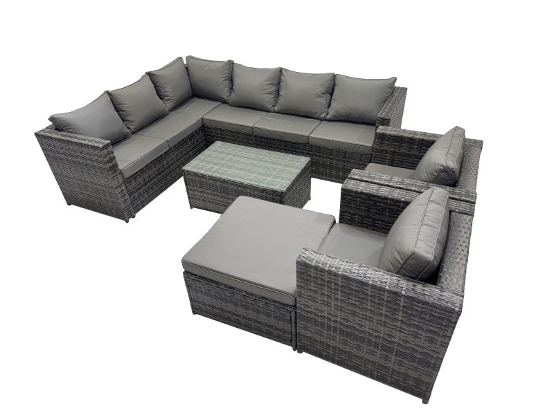 Fimous Outdoor Rattan Rectangular Coffee Table Corner Sofa Sets Garden Furniture Set with 2 Chairs Big Stool Dark Grey Mixed