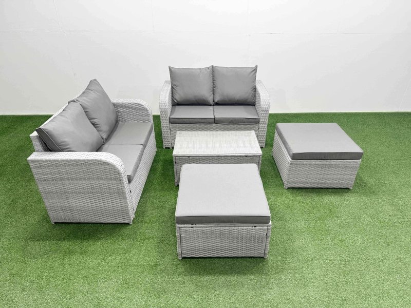 Fimous 6 Seater Outdoor Love Sofa Set Rattan Garden Furniture Set with Rectangular Coffee Table 2 Footstool Light Grey