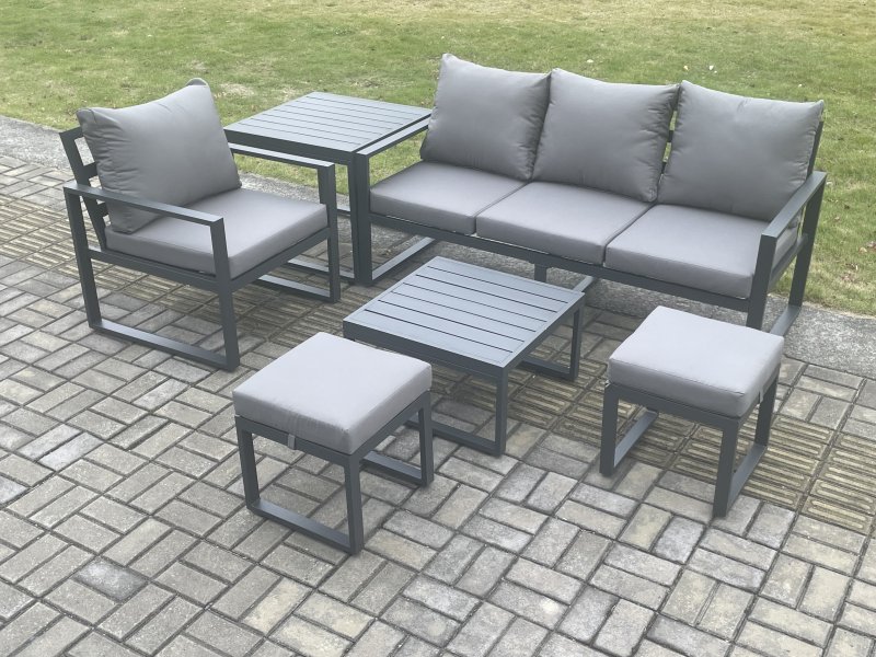 Fimous Aluminium Outdoor Garden Furniture Set Patio Lounge Sofa Chair Set with Square Coffee Table Side Table 2 Small Footstools Conservatory Set Dark Grey
