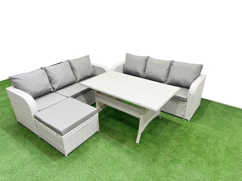 Fimous Outdoor Garden Furniture Sets 7 Seater Wicker Rattan Furniture Sofa Sets with Rectangular Dining Table high Back Lounge Sofa Big Footstool Light Grey