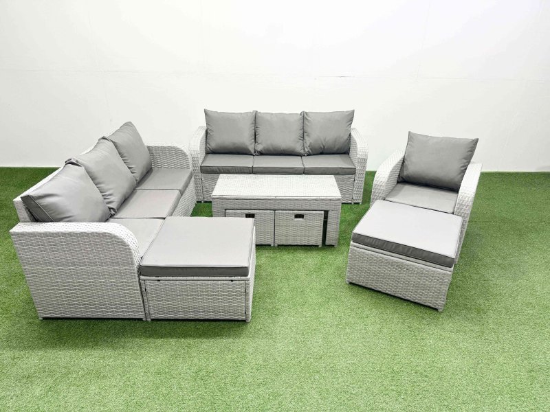 Fimous Outdoor Garden Furniture Set PE Rattan 3 Seater Sofa Reclining Chair Set with Oblong Coffee Table 4 Footstools Light Grey