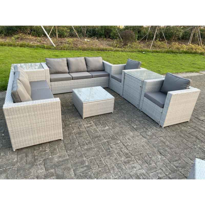 Fimous Light Grey Outdoor PE Rattan Garden Furniture Set Wicker Sofa Set Square Coffee Table 2 Armchair Side Table
