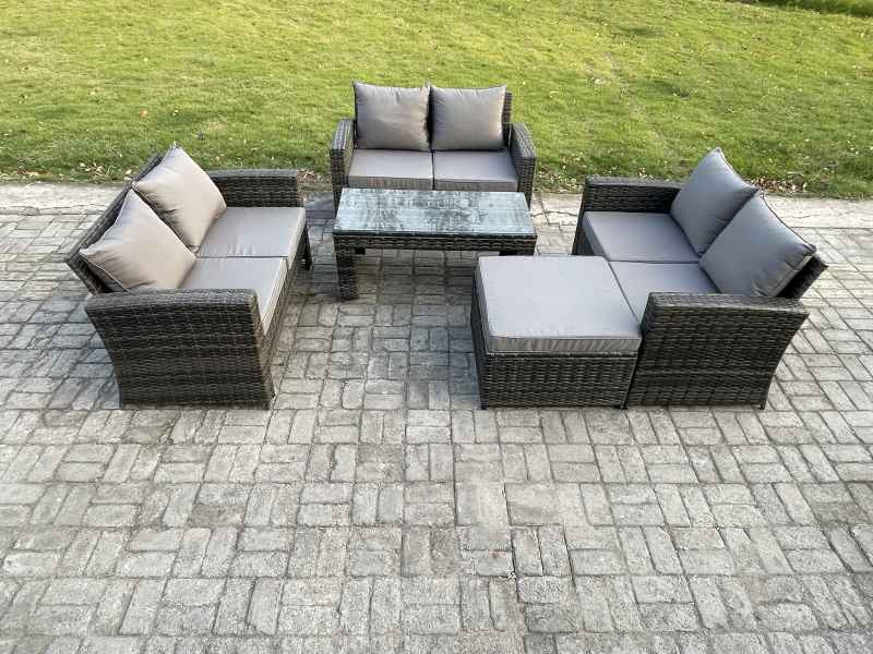 Fimous 7 Seater Rattan Wicker Garden Furniture Patio Conservatory Sofa Set with Coffee Table Double Seater Sofa Big Footstool