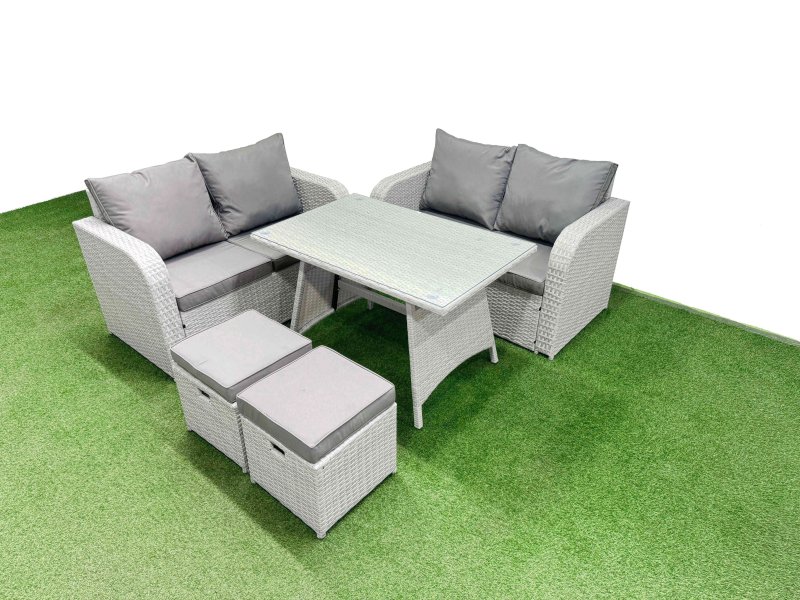 Fimous 6 Seater Outdoor Love Sofa Set Rattan Garden Furniture Set with Rectangular Dining Table 2 Small Footstool Light Grey