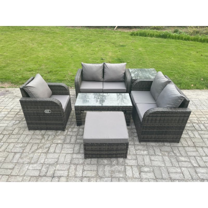 Fimous 6 PCS Garden Furniture set Rattan Outdoor Lounge Sofa Table Chair With Tempered Glass Table Dark Grey Mixed