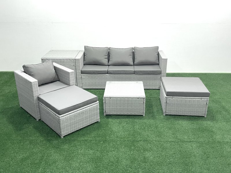Fimous Garden Outdoor Furniture Set 6 Seater Rattan Sofa Set with 2 Big Footstools Armchair Side Table Light Grey Mixed