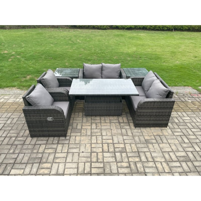 Fimous Outdoor Rattan Garden Furniture Set Patio Height Adjustable Rising lifting Dining Table Love Sofa With 2 Side Tables