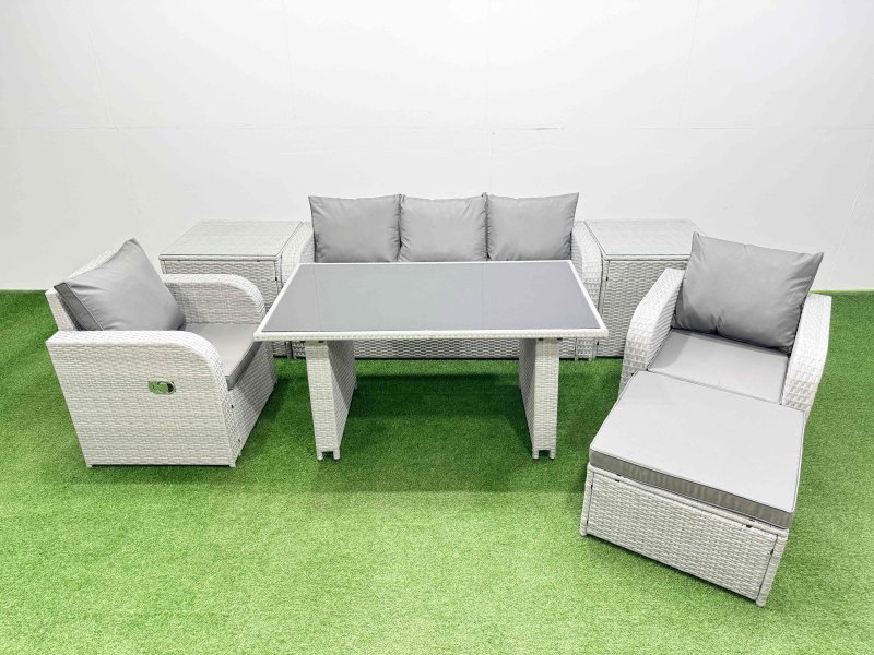 Fimous Outdoor Rattan Garden Furniture Dining Set 6-seater Patio Rectangular Table 3 Seater Sofa Reclining Chair Set with 2 Side Tables Big Stool