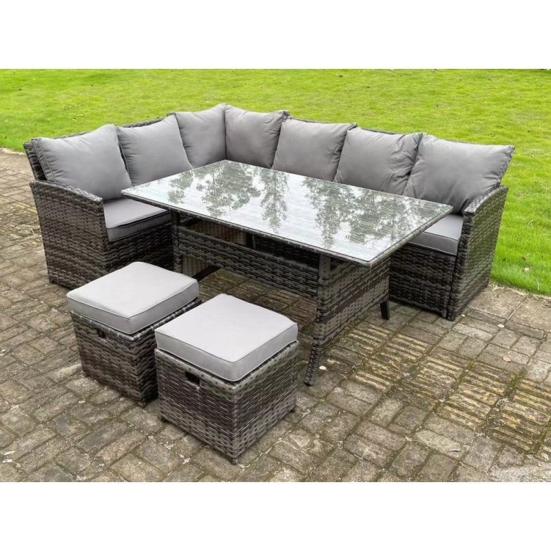 High Back Dark Mixed Grey Rattan Corner Sofa Set Outdoor Furniture Rectangular Dining Table 2 Small Footstools 8 Seater