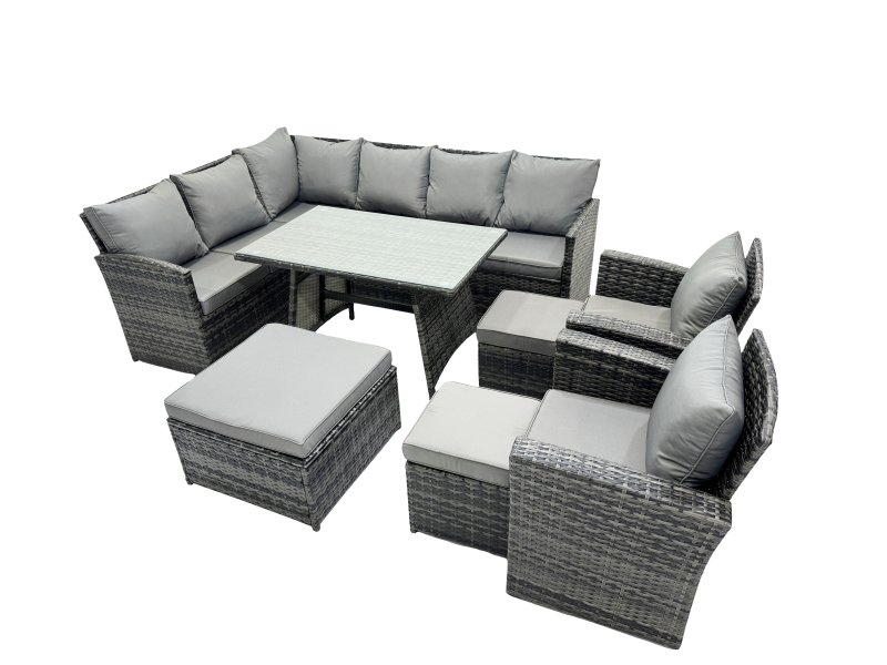 Fimous 11 Seat Poly Rattan Outdoor Patio Oblong Dining Table Corner Sofa Set with 3 Stool 2 Chairs for Garden Backyard Dark Grey Mixed