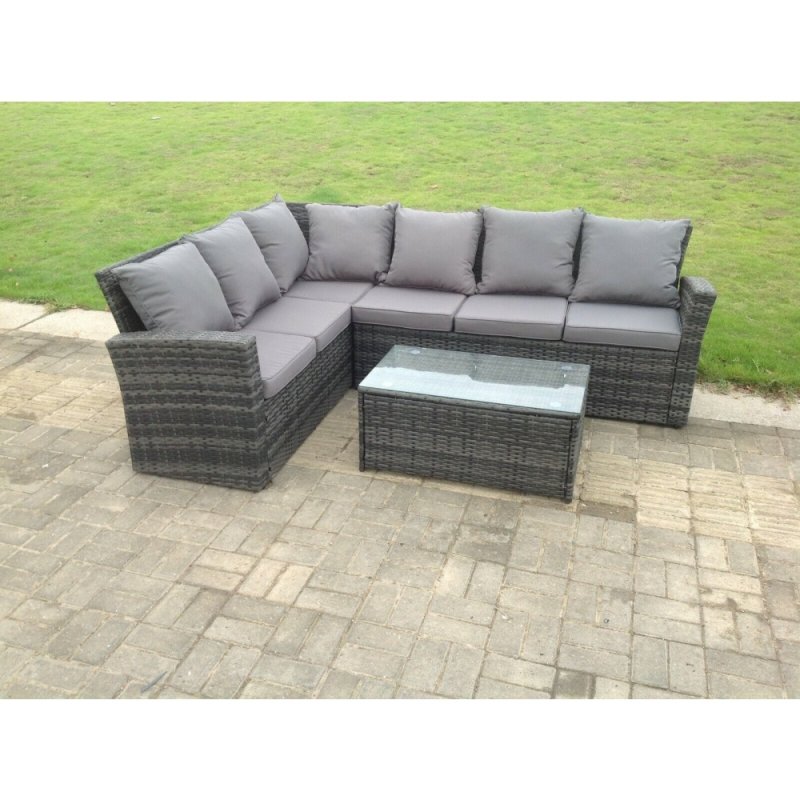 Fimous High Back Rattan Corner Sofa Set Oblong Coffee Table Outdoor Furniture dark Grey Left Option