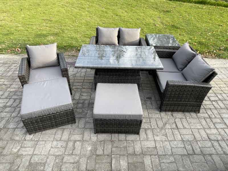 Fimous 7 Seater Outdoor Rattan Patio Furniture Set Garden Height Adjustable Rising Lifting Table Sofa Dining Sofa Set with Side Table 2 Big Footstool Dark Grey Mixed
