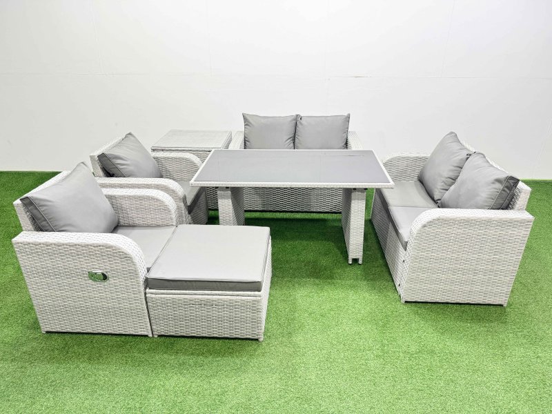 Fimous 7 Pieces Outdoor PE Rattan Sofa Reclining Chair Set Patio Garden Furniture Sets with Cushions Side Table Big Stool Light Grey