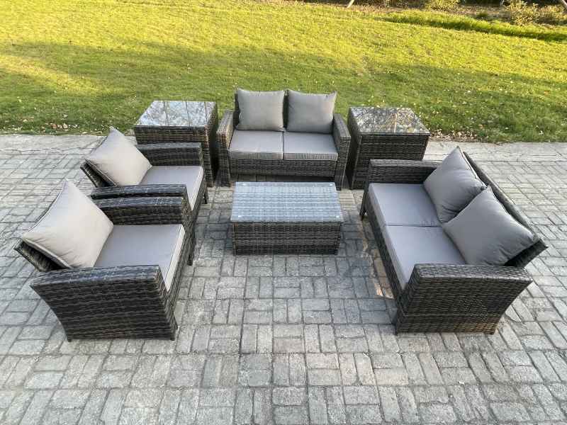 Fimous Garden Furniture Sets 7 Pieces Outdoor Rattan Furniture Manual Wicker Patio Sofa Chair Set with Coffee Table 2 Side Tables Dark Grey Mixed