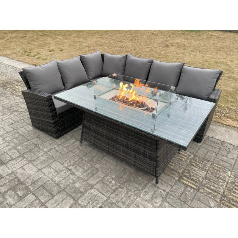 Fimous Outdoor Rattan Corner Sofa Garden Furniture High Back Sofa Set Gas Fire Pit Dining Table Gas Heater Burner 6 Seater