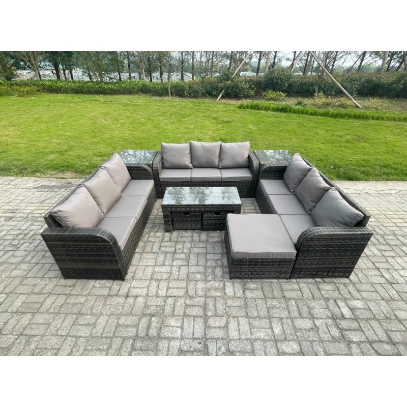 Fimous Rattan Garden Furniture Set 12 Seater Indoor Outdoor Patio Sofa Set with Coffee Table 3 Footstools 2 Side Tables Dark Grey Mixed