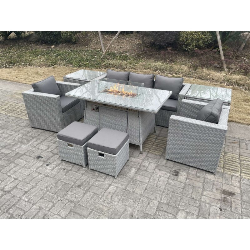Fimous Rattan Garden Furniture Set Gas Fire Pit Lounge Sofa Chair Dining Set With 2 Side Table And 2 PC Arm Chair 2 Stools
