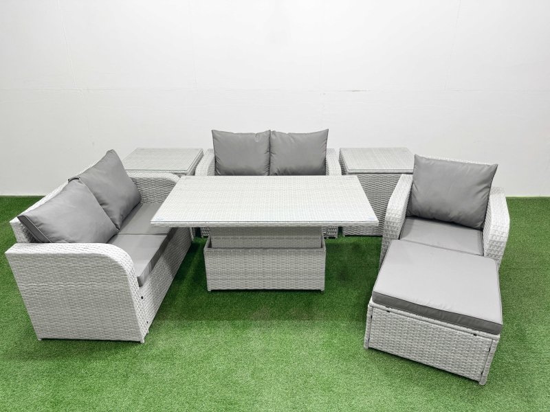 Fimous High Back Poly Rattan Garden Furniture Set with Reclining Chair Loveseat Sofa Adjustable Lifting Dining or Coffee Table Indoor Outdoor Patio Set Big Stool 2 Side Table Light Grey