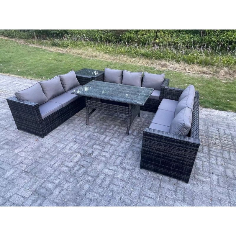 Fimous Outdoor Wicker Garden Furniture Rattan Lounge Sofa Set Patio Rectangular Dining Table with Side Table 9 Seater Dark Grey Mixed