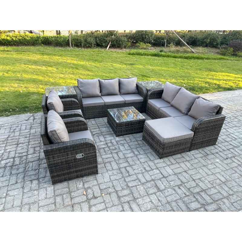 Fimous High Back Rattan Garden Furniture Set with Square Coffee Table 2 Side Tables Big Footstool Indoor Outdoor Patio Lounge Sofa Set Dark Grey Mixed