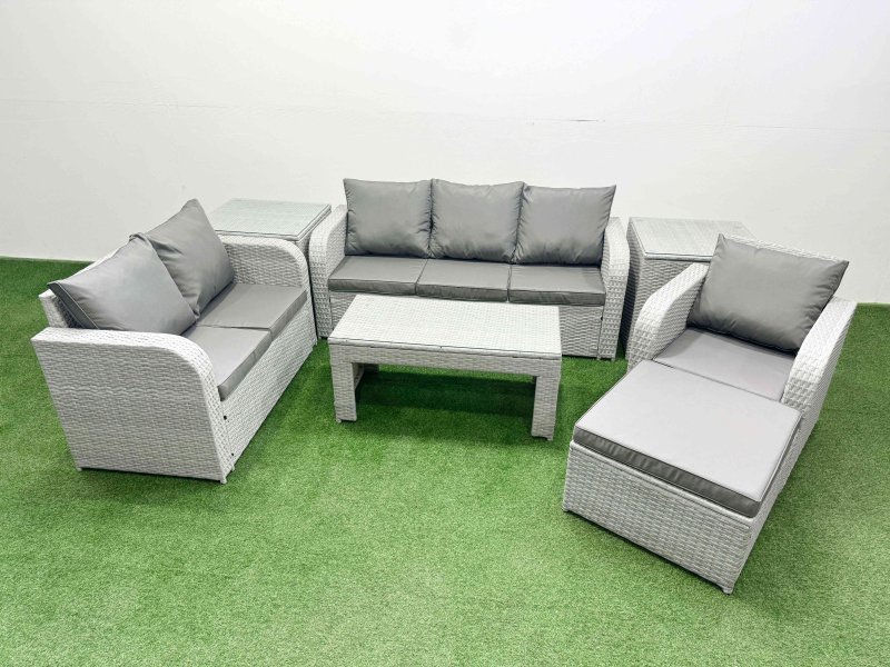 Fimous Patio PE Wicker 7 Seater Outdoor Rattan Furniture Sofa Sets with Oblong Coffee Table Reclining Chair Loveseat Sofa 3 Seater Sofa Big Footstool 2 Side Table Light Grey