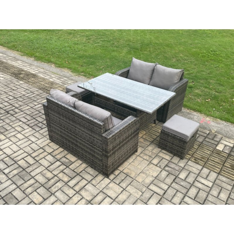 Fimous Patio Rattan Garden Furniture Set with Oblong Rectangular Dining Table 2 Small Footstools 6 Seater Outdoor Loveseat Sofa Set Dark Grey Mixed