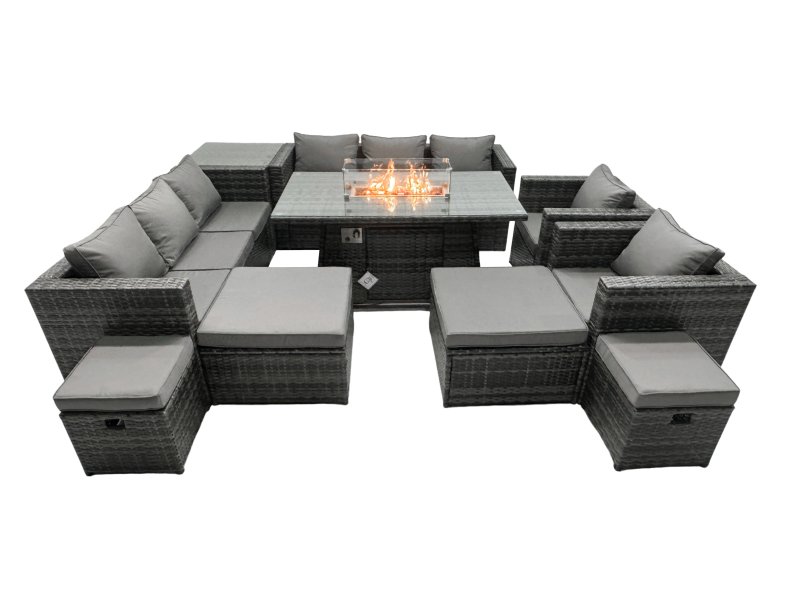Fimous Rattan Garden Furniture Firepit Dining Set 12 Seater Lounge Sofa Table Set with side table 2 big Footstool