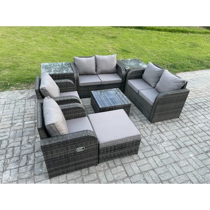 Fimous 7 Seater Rattan Sofa Set Outdoor Garden Furniture Set with Square Coffee Table Loveseat Sofa Reclining Chairs 2 Side Tables Big Footstool Dark Grey Mixed