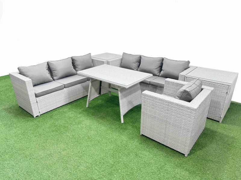Fimous Outdoor Rattan Garden Furniture Dining Set 7-seater Patio Rectangular Table 3 Seater Sofa Armchair Set with 2 Side Tables