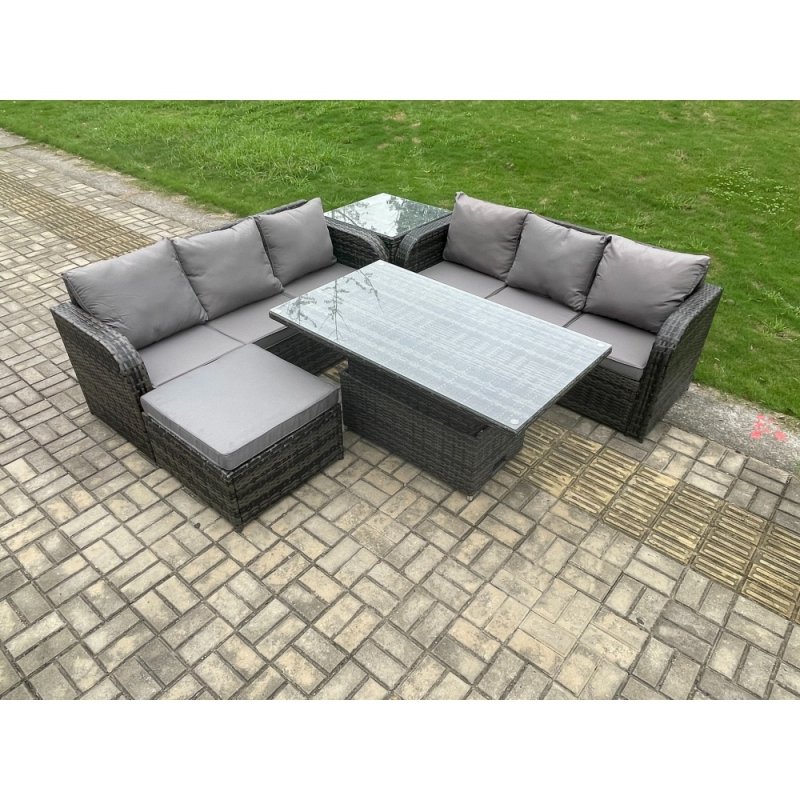 Fimous Outdoor Rattan Garden Furniture Sets Height Adjustable Rising lifting Dining Table Sofa Set with Side Table Big Footstool Dark Grey Mixed