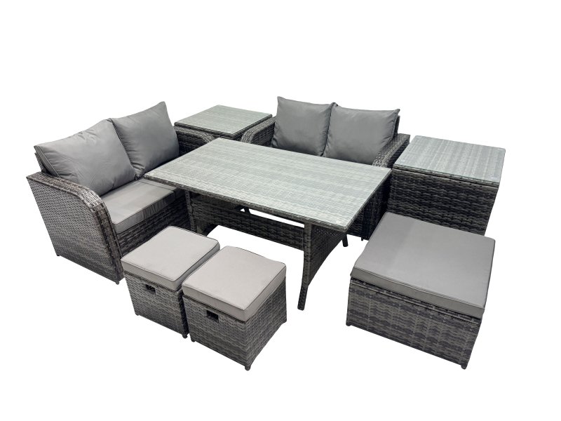 Fimous Wicker PE Rattan Garden Outdoor Furniture Set Love Sofa Dining Table Sets with 3 Stools 2 Side Tables Dark Grey Mixed