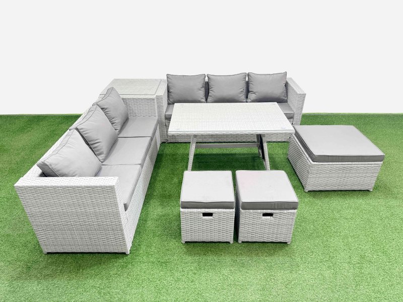 Fimous Rattan Garden Furniture Dining Set 9-seater Patio Rectangular Table 3 Seater Sofa Set with Side Table 3 Stools Light Grey