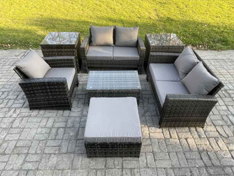 Fimous Rattan Garden Furniture Set 6 Seater Patio Outdoor Lounge Sofa Chair Set with 2 Side Tables Rectangular Coffee Table Big Footstool Dark Grey Mixed