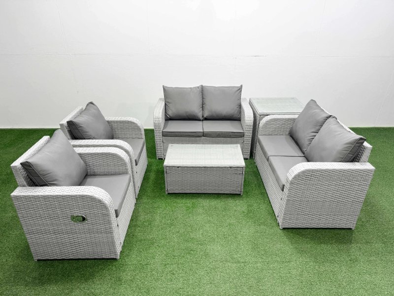 Fimous 6 Seater Outdoor Reclining Chair Love Sofa Set Rattan Garden Furniture Set with Rectangular Coffee Table Side Table Light Grey