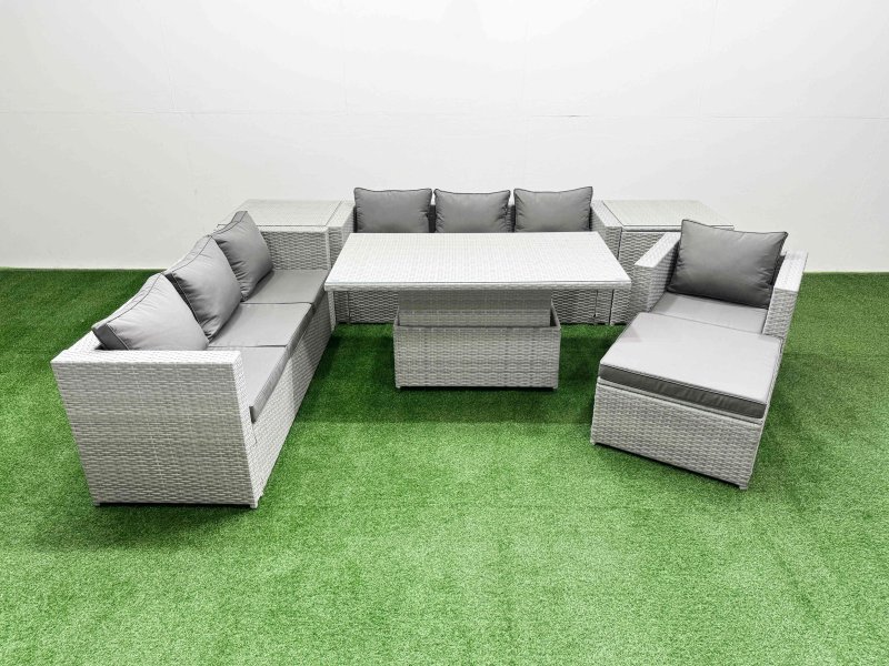 Fimous 7 PCs Rising Dining Table Set Rattan Furniture Set with 3 Seater Sofa Chair 2 Side Tables Big Footstool Light Grey