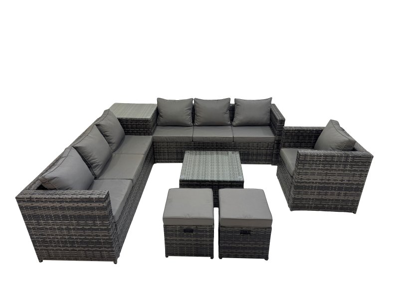 Fimous 9 Seater Garden Outdoor Rattan Furniture Set Patio Corner Sofa Coffee Table with Side Table 2 Small Stool Dark Grey