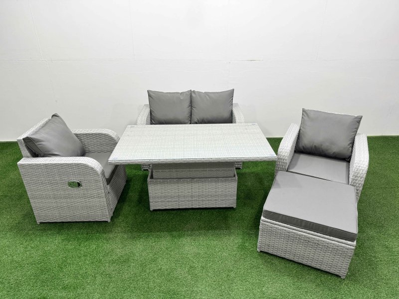 Fimous Light Grey PE Wicker Rattan Garden Furniture Set Sofa Set Reclining Chair Adjustable Lifting Dining or Coffee Table 5 Seater With Footstool