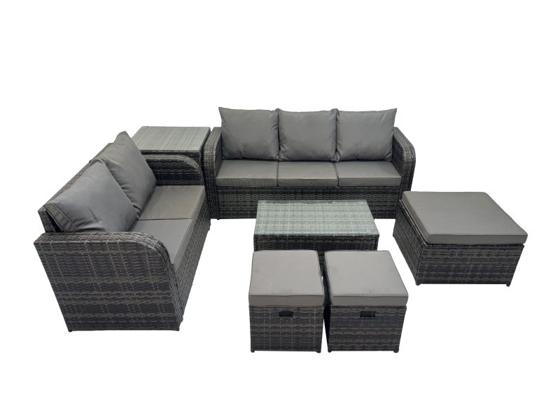 Fimous Outdoor Love Sofa 3 Seater Sofa Coffee Table Set Garden Rattan Furniture Set 8 Seater with Side Table 3 Stools Dark Grey