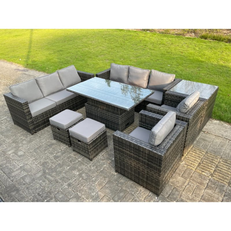 Fimous 10 Seater?Outdoor Rattan Garden Furniture Adjustable Rising Lifting Side Tables Small Footstools Dark Grey Mixed