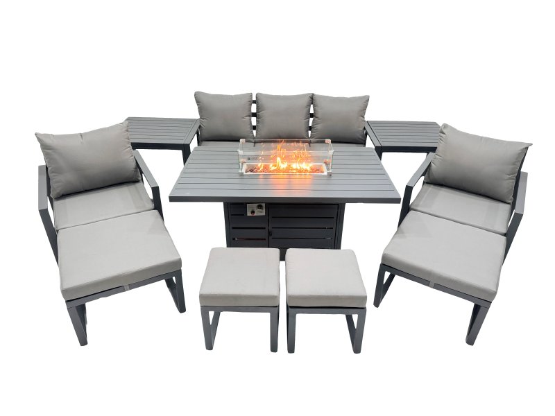 Fimous 9 Seat Outdoor Garden Furniture Set Aluminium Lounge 3 Seat Sofa Gas Fire Pit Table Sets with Chair 4 Stools 2 Side Tables Dark Grey